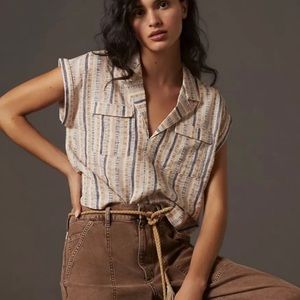Anthropologie Cropped Stripes Utility Pullover Top Size M